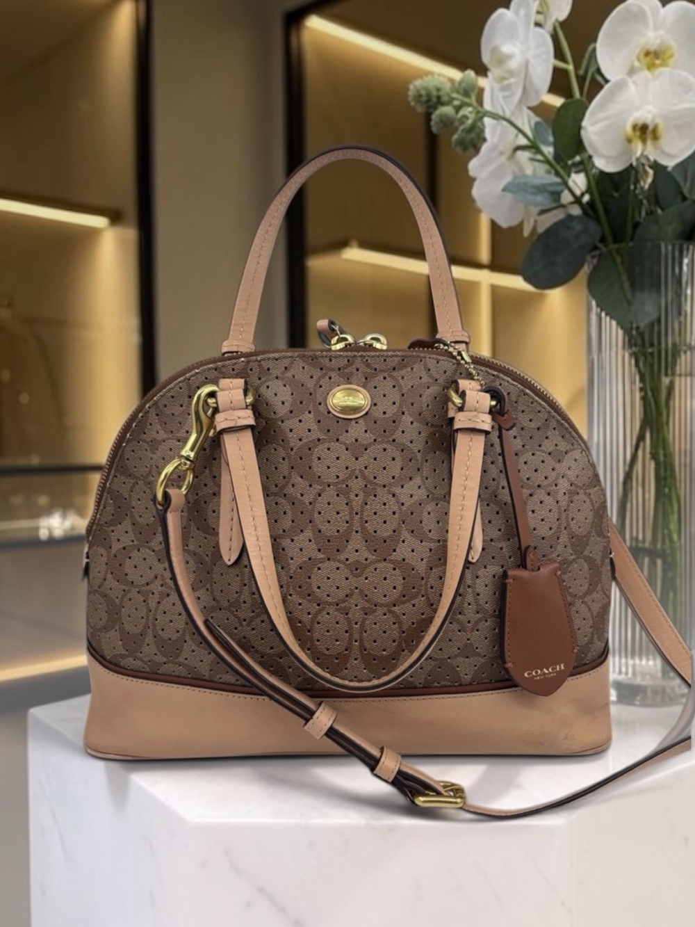 Coach Brown Perforated Signature Satchel with Tan Leather Trim